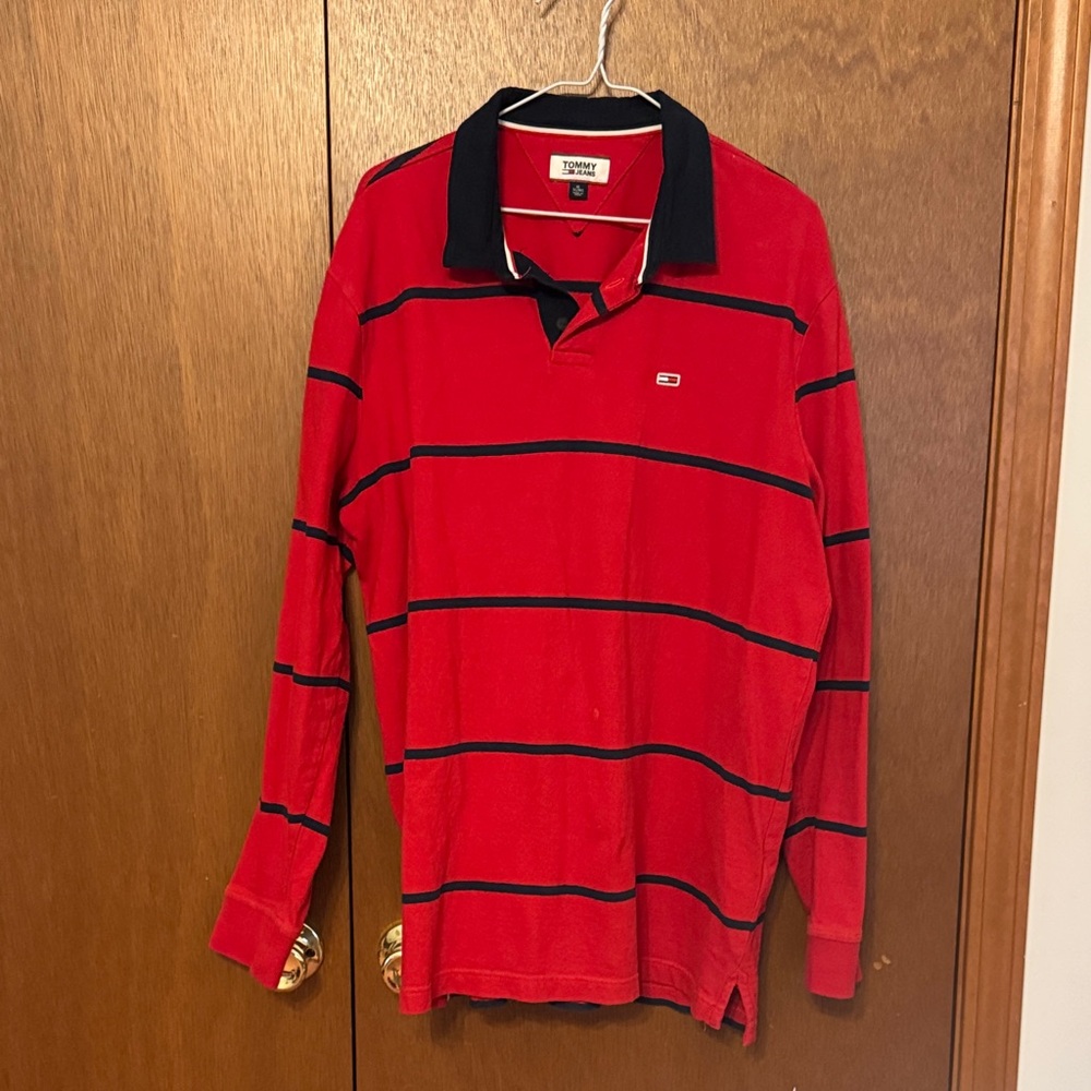 Tommy Hilfiger Red & Black Striped Long Sleeve Polo – Men’s XL